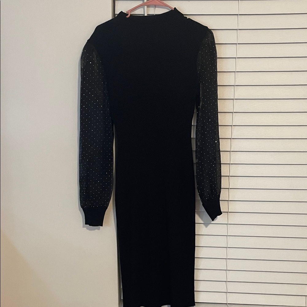 Dylan Black Dress with Sheer Polka Dot Sleeves